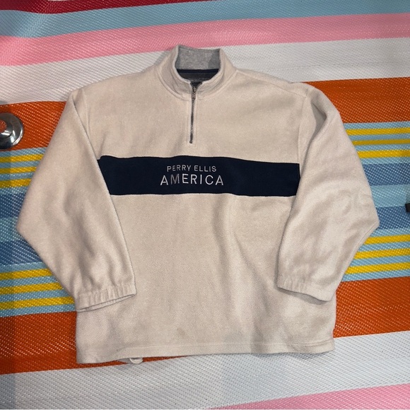 Perry Ellis America Active Polar Fleece 1/4 Zip Cream Blue Men’s Size X-Large - Picture 1 of 3